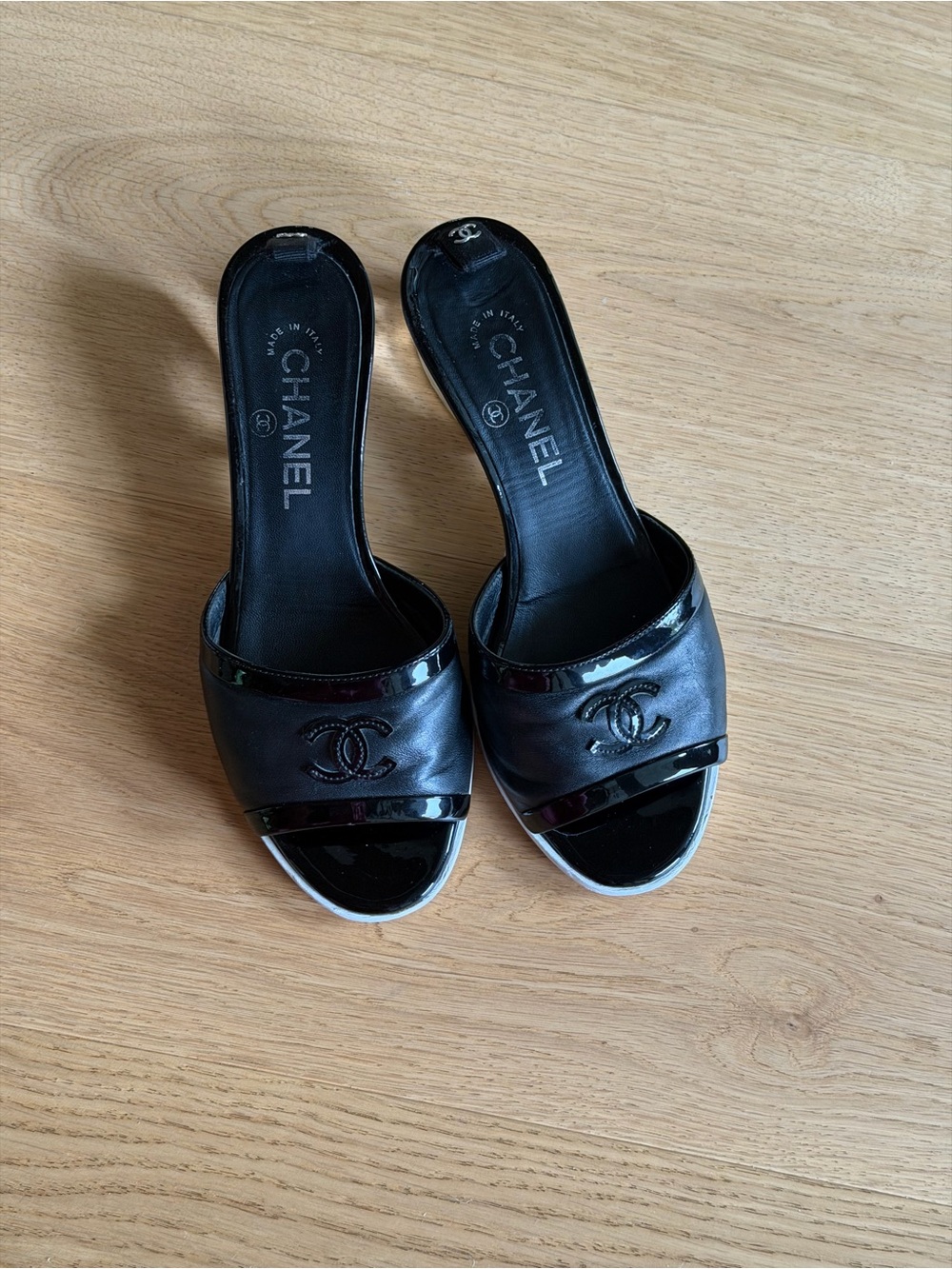 CHANEL Black Patent & Leather Open-Toe Mules POV sandals